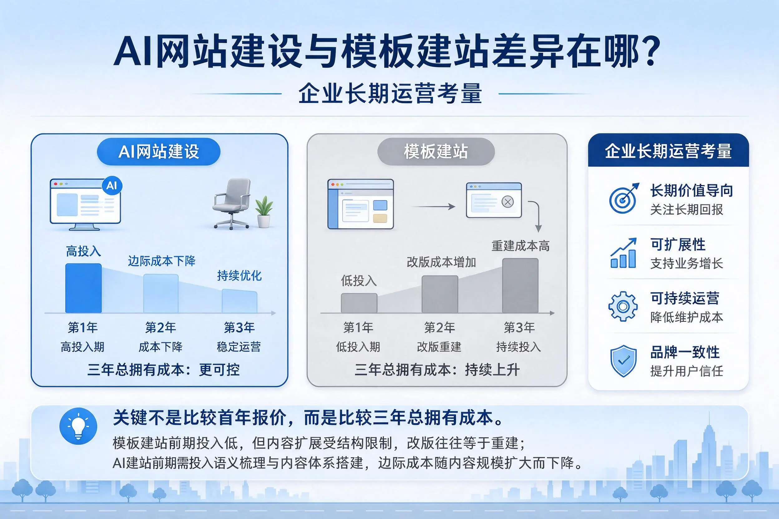AI网站建设与模板建站差异在哪？阿坝企业长期运营考量