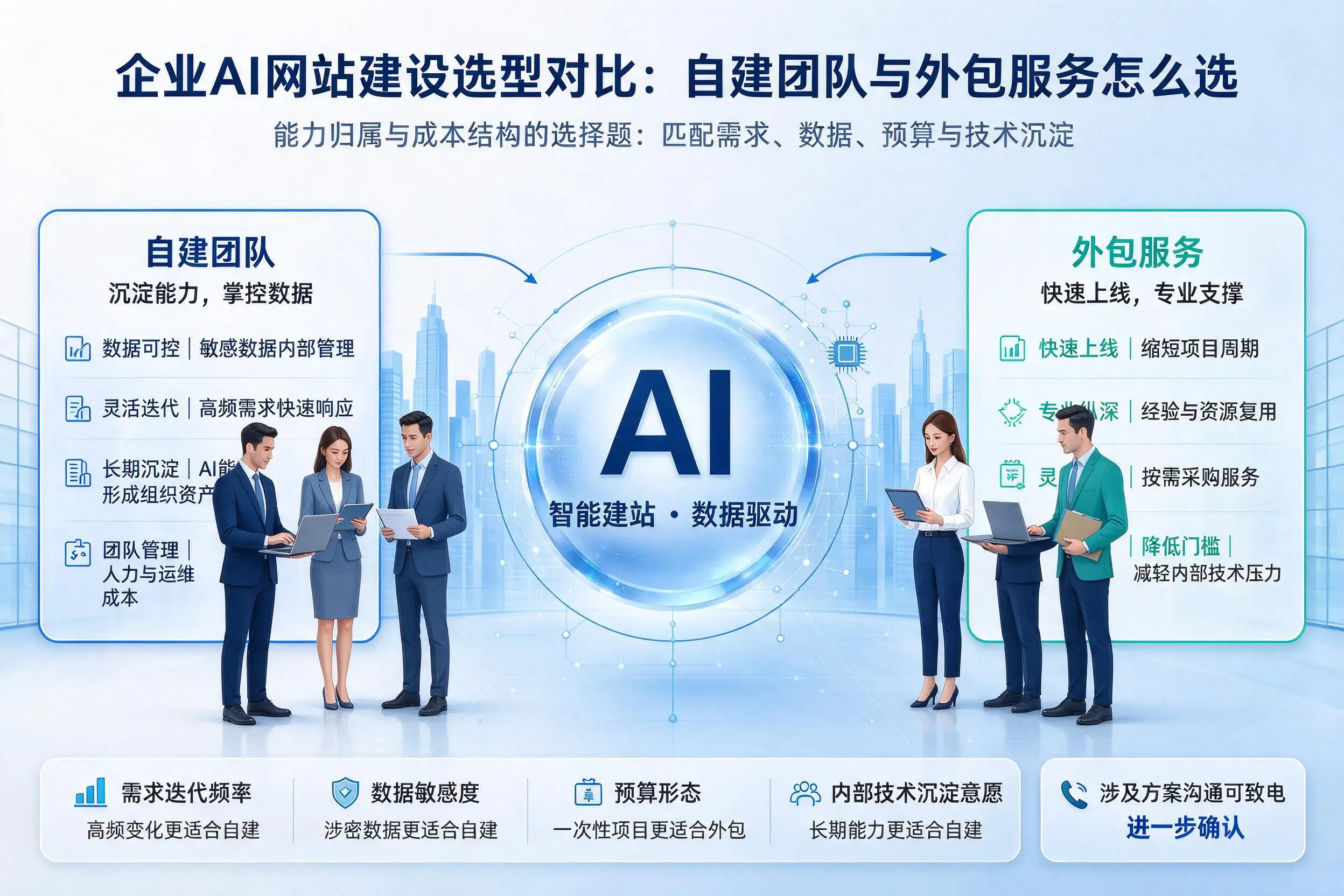 阿坝企业AI网站建设选型对比：自建团队与外包服务怎么选